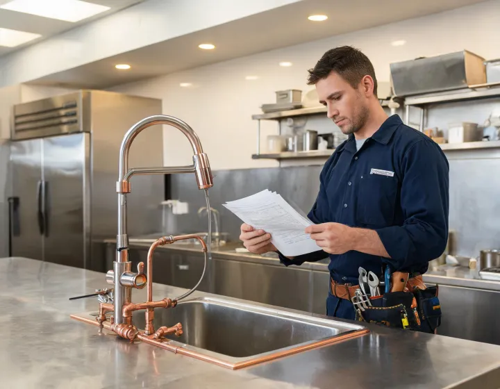 Commercial kitchen faucet installation on a stainless prep sink