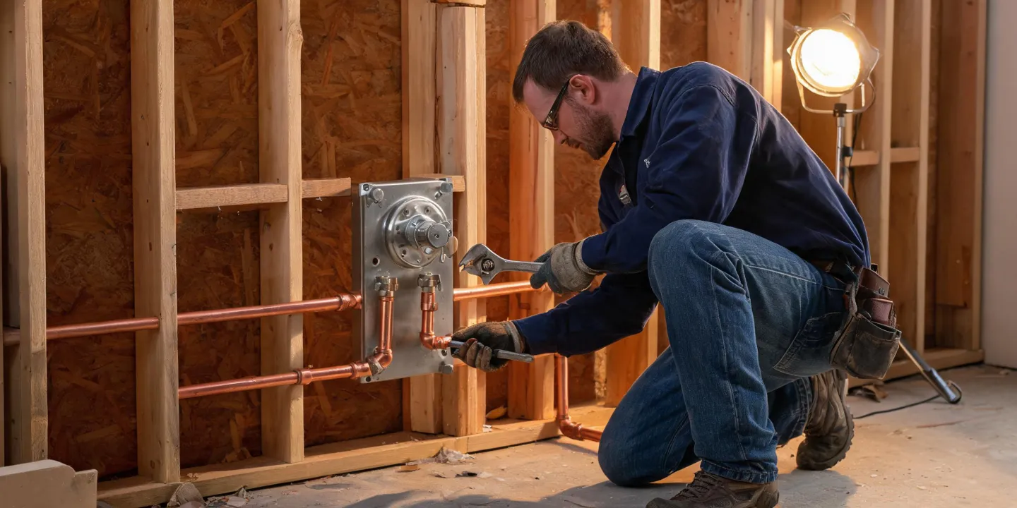 Plumber installing shower valve in framed bathroom