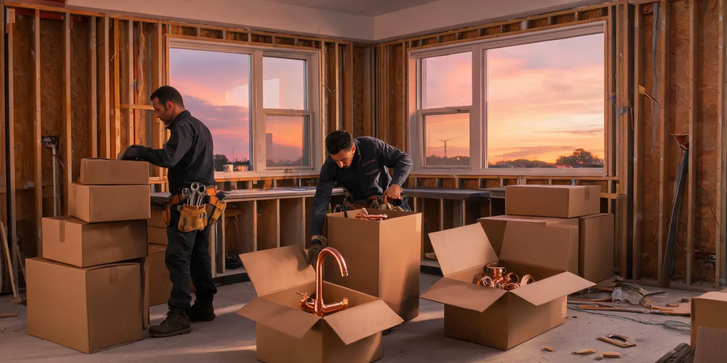 Plumbing crew staging faucet cartons on a jobsite