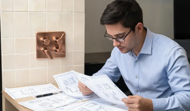 Engineer reviewing faucet specification sheets in a mock-up bathroom